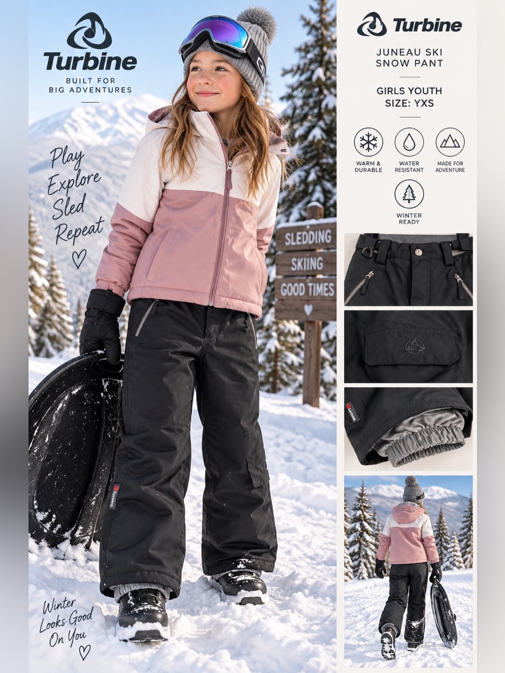 Turbine Juneau Ski Snow Pant Girls Youth Size XS black insulated waterproof
